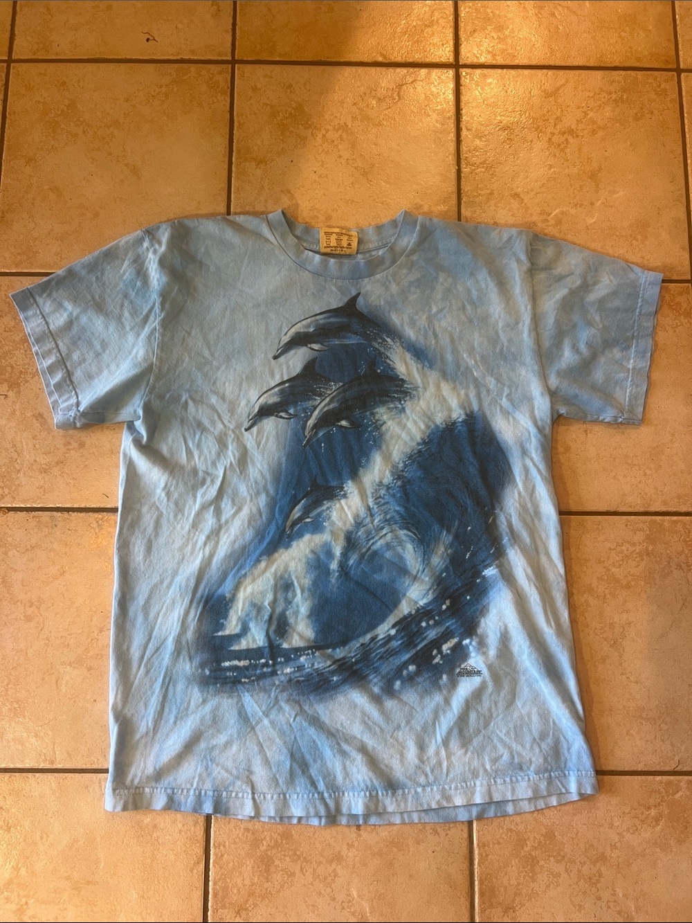 The Mountain 1998 Light Blue Tee with Navy Dolphin Wave Graphic, Sz Large
